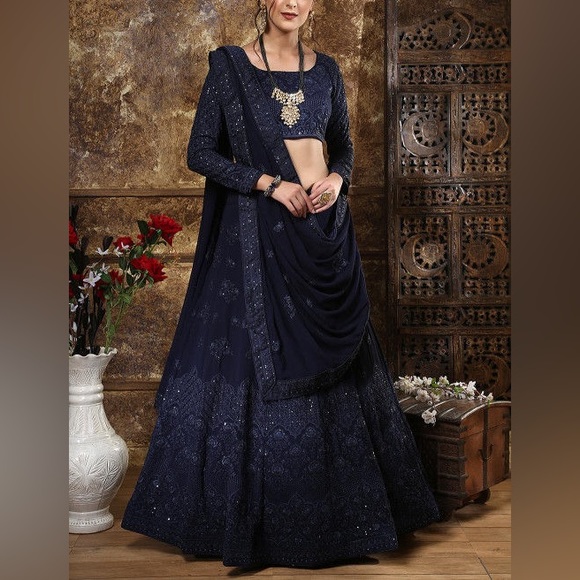 🐘 Embroidered Georgette Lehenga in Navy Blue - Picture 15 of 16